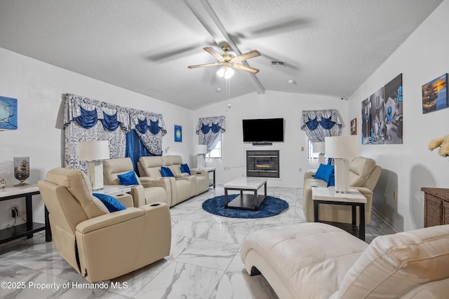 living room with vaulted ceiling with beams, a textured ceiling, and ceiling fan