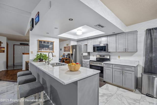 kitchen featuring sink, gray cabinetry, a kitchen breakfast bar, a tray ceiling, and stainless steel appliances