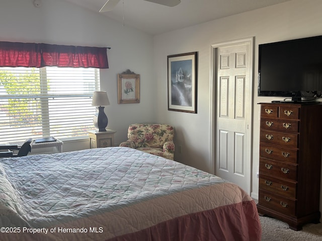 bedroom with lofted ceiling, carpet flooring, and ceiling fan