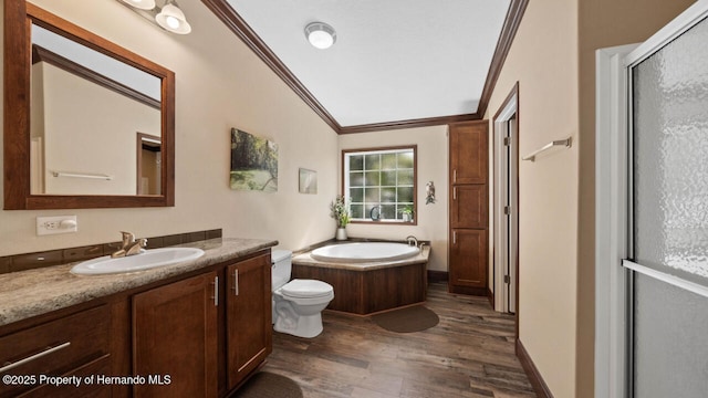 full bathroom with vaulted ceiling, independent shower and bath, wood-type flooring, vanity, and crown molding