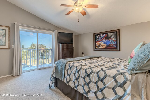 bedroom with carpet floors, lofted ceiling, baseboards, access to outside, and a ceiling fan