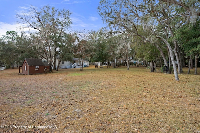 view of yard with a storage shed