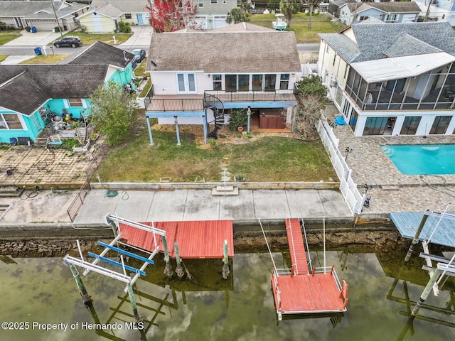 aerial view featuring a water view