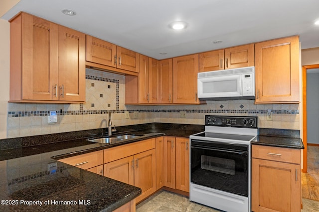 kitchen featuring dark stone countertops, electric range oven, backsplash, and sink