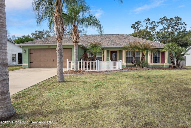 single story home with a garage and a front yard