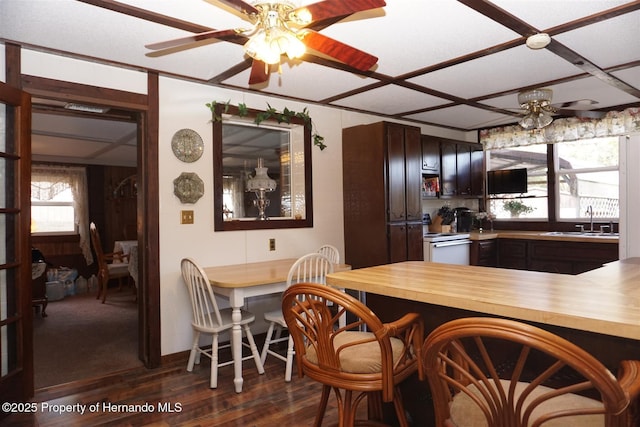 kitchen with dark brown cabinetry, sink, dark hardwood / wood-style floors, kitchen peninsula, and ceiling fan