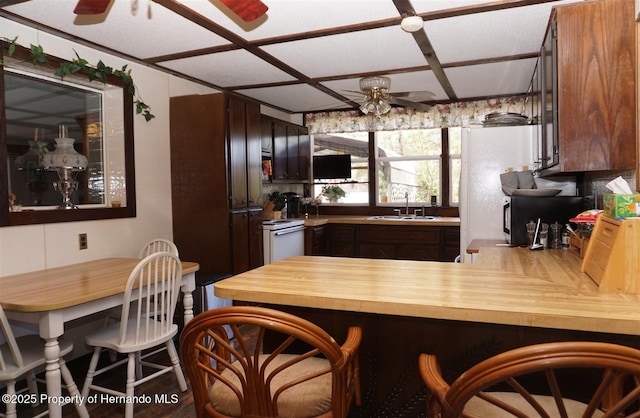 kitchen with ceiling fan, a kitchen breakfast bar, kitchen peninsula, and sink