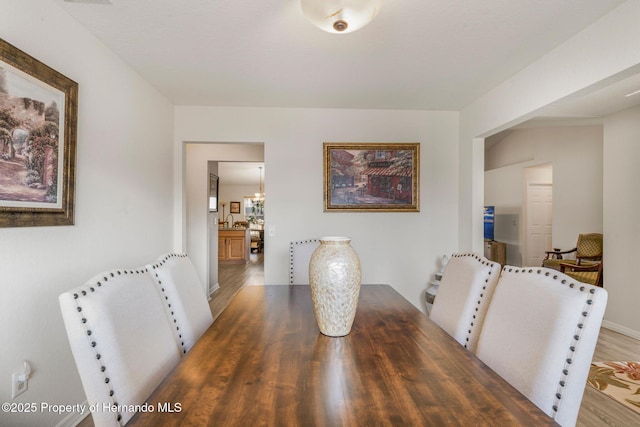 dining space featuring wood-type flooring and sink