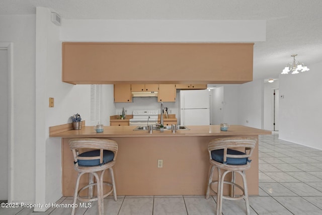 kitchen with sink, a textured ceiling, a kitchen breakfast bar, kitchen peninsula, and white appliances