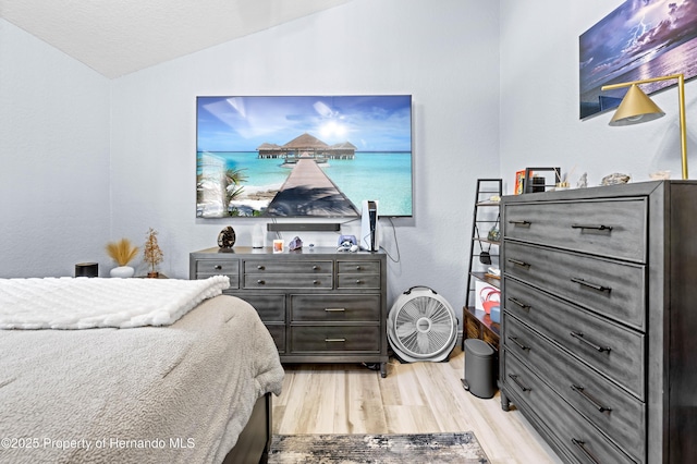 bedroom with light wood finished floors and vaulted ceiling