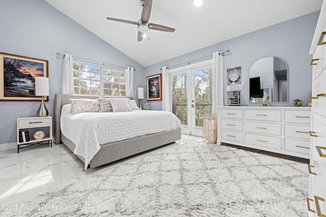 bedroom with french doors, access to outside, multiple windows, and lofted ceiling