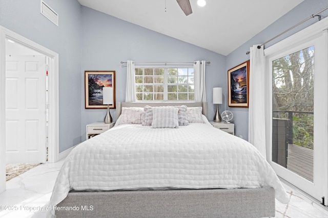 bedroom with visible vents, a ceiling fan, and vaulted ceiling