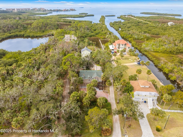 aerial view with a forest view and a water view