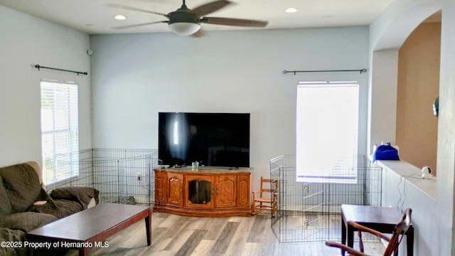 living room with ceiling fan and light hardwood / wood-style flooring