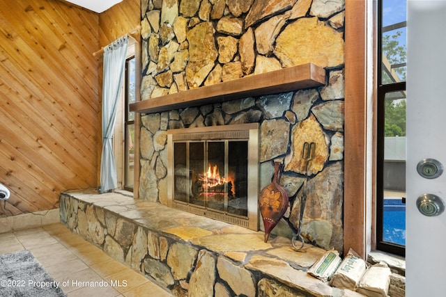 interior details with a stone fireplace and wood walls