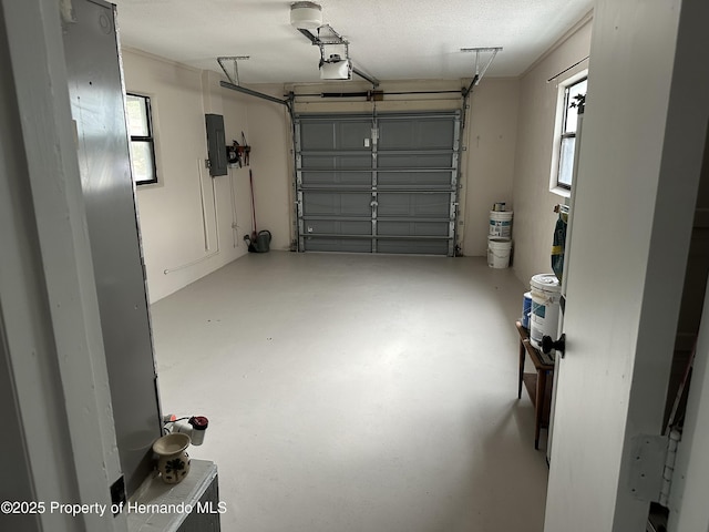 garage featuring a garage door opener and electric panel