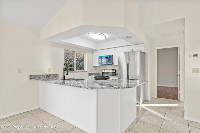 kitchen with white cabinetry, sink, kitchen peninsula, stainless steel appliances, and light stone countertops