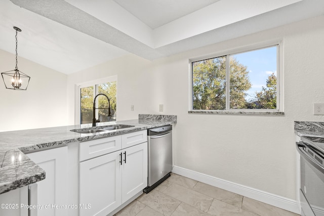 kitchen with white cabinetry, dishwasher, sink, hanging light fixtures, and light stone countertops