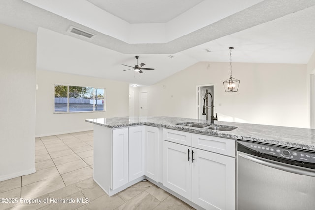 kitchen featuring pendant lighting, white cabinetry, dishwasher, sink, and light stone countertops