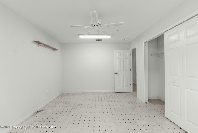 unfurnished bedroom featuring visible vents, a closet, a ceiling fan, and baseboards