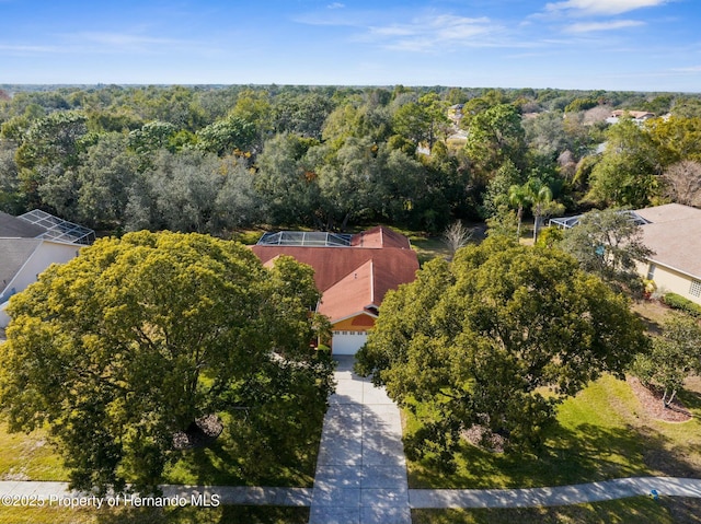 drone / aerial view featuring a view of trees