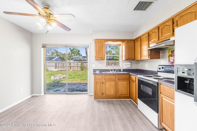 kitchen with sink, white appliances, a textured ceiling, light wood-type flooring, and ceiling fan