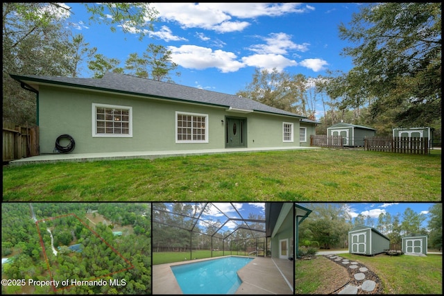 rear view of property with a patio, a yard, a storage shed, and a lanai