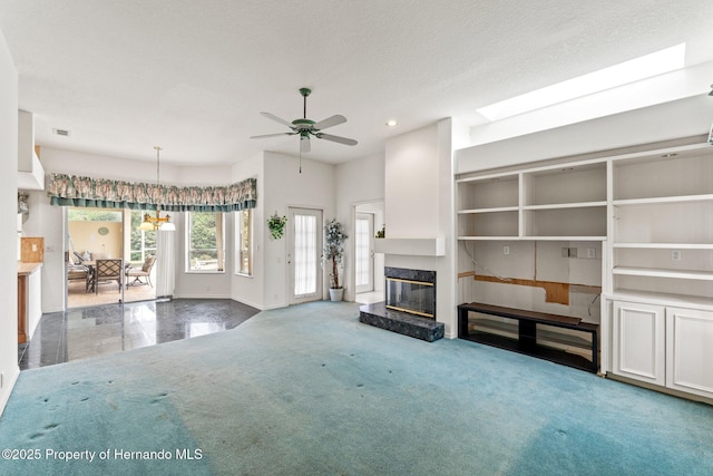 4412 Lake In The Woods Dr, Spring Hill, FL 34607 - unfurnished living room with visible vents, baseboards, recessed lighting, ceiling fan with notable chandelier, and a premium fireplace
