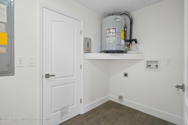 laundry room with dark hardwood / wood-style floors, electric panel, electric water heater, washer hookup, and hookup for an electric dryer