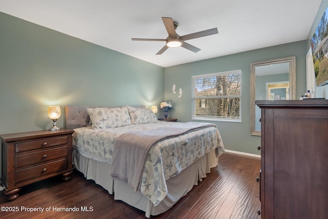 bedroom with dark hardwood / wood-style flooring and ceiling fan