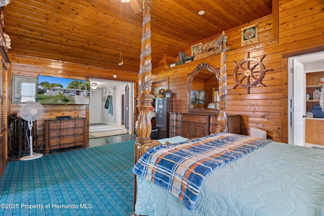 carpeted bedroom with high vaulted ceiling, wood ceiling, and wood walls