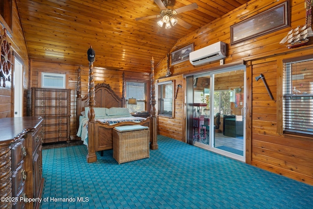 unfurnished bedroom featuring wood ceiling, vaulted ceiling, an AC wall unit, and wood walls