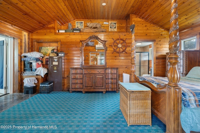 unfurnished bedroom featuring wood walls, lofted ceiling, dark carpet, and wooden ceiling