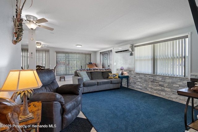 carpeted living room with a wall mounted AC