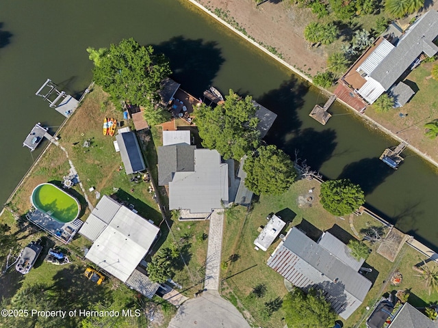 drone / aerial view featuring a water view