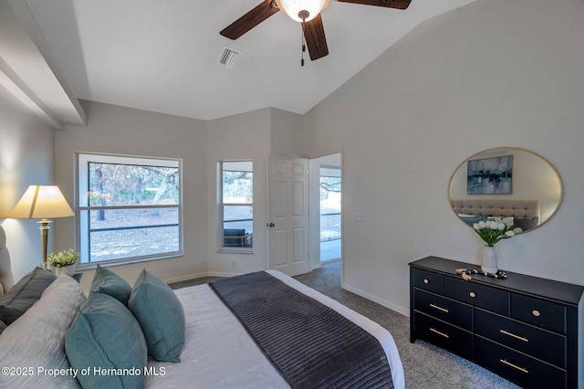 carpeted bedroom featuring high vaulted ceiling and ceiling fan