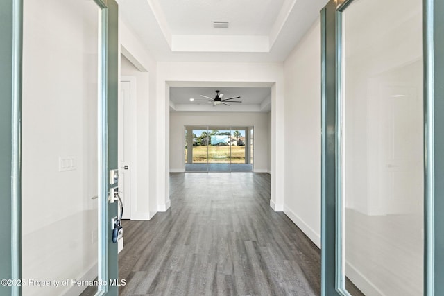 hall with hardwood / wood-style floors and a raised ceiling