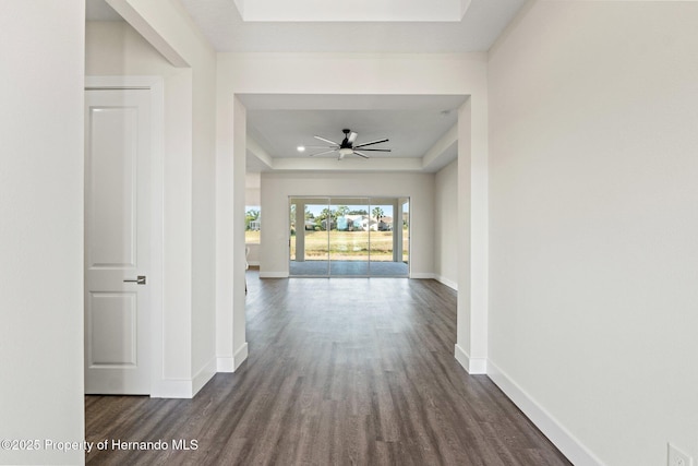 hallway with dark hardwood / wood-style floors and a tray ceiling