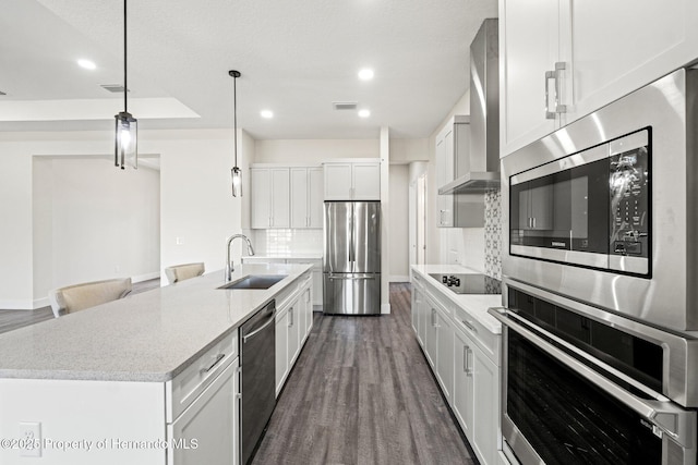 kitchen with sink, appliances with stainless steel finishes, white cabinetry, a kitchen island with sink, and wall chimney exhaust hood