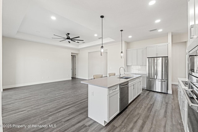 kitchen with white cabinetry, stainless steel appliances, a raised ceiling, and a kitchen island with sink