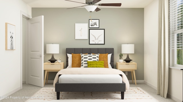 bedroom with light carpet and ceiling fan