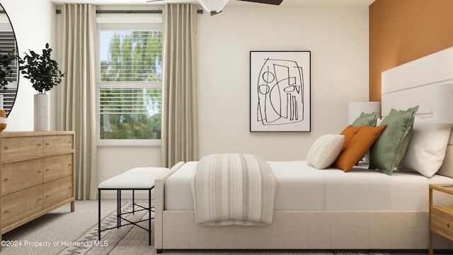 bedroom with light colored carpet