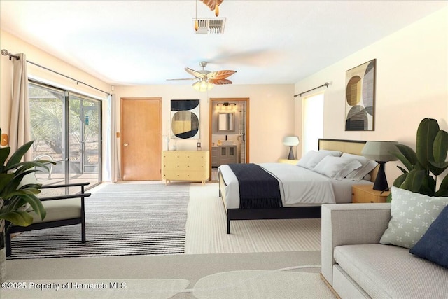 carpeted bedroom with ceiling fan and access to exterior