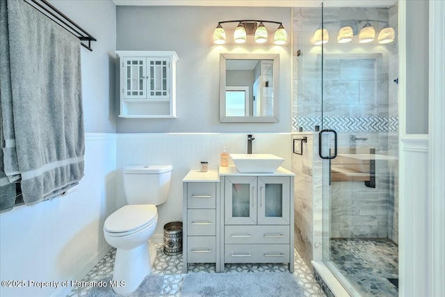 bathroom with vanity, toilet, and a shower with shower door