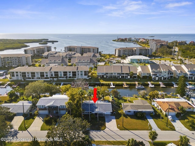 aerial view featuring a water view