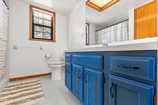 bathroom featuring walk in shower, vanity, toilet, and concrete floors