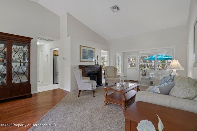 living room featuring hardwood / wood-style flooring and high vaulted ceiling