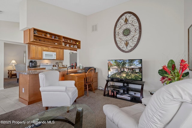 living room featuring a towering ceiling and light colored carpet