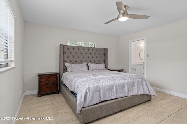 bedroom with ceiling fan and ensuite bathroom