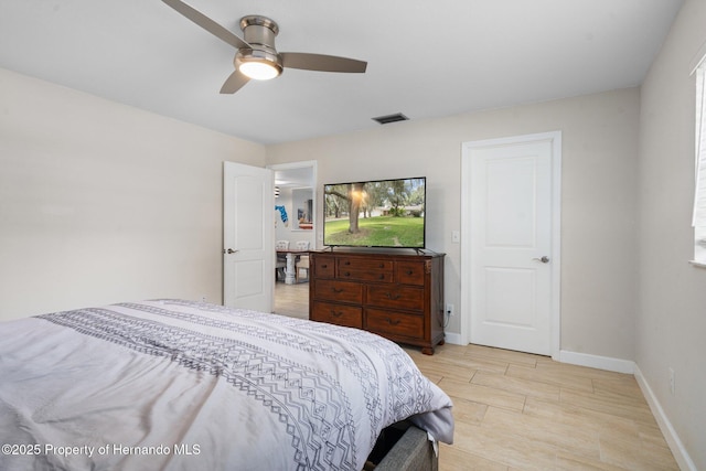 bedroom with ceiling fan and light wood-type flooring